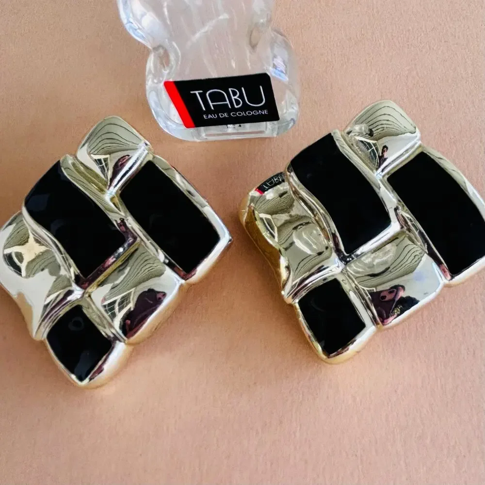 Vintage 80's Black & Gold Oversized Large Square Pierced Earrings. - Picture 2 of 6